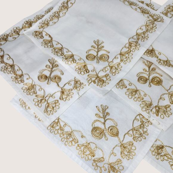 12 White Embroidered Cloth Napkins Gold Thread Floral Vine Formal Table 12" SQ - Picture 3 of 8
